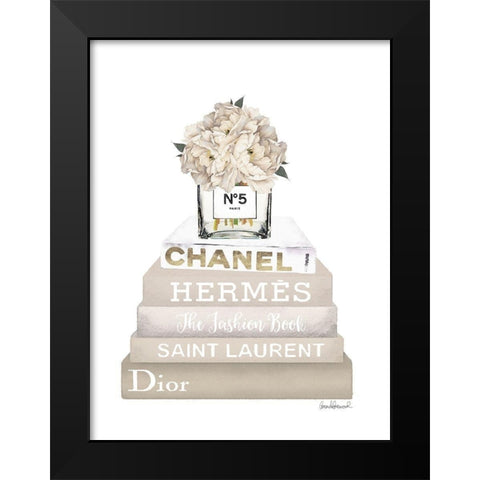 Cream Peony Book Stack Black Modern Wood Framed Art Print by Greenwood, Amanda