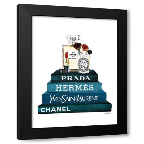 Teal Book Stack Makeup Black Modern Wood Framed Art Print with Double Matting by Greenwood, Amanda