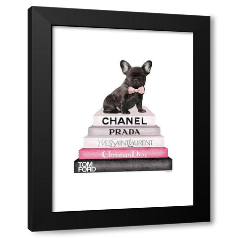 Pink Frenchie Bookstack Black Modern Wood Framed Art Print by Greenwood, Amanda