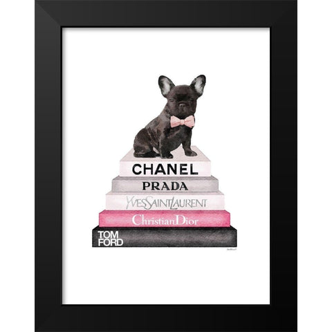 Pink Frenchie Bookstack Black Modern Wood Framed Art Print by Greenwood, Amanda