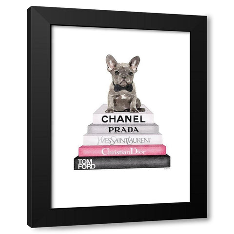 Grey Frenchie Bookstack Black Modern Wood Framed Art Print with Double Matting by Greenwood, Amanda