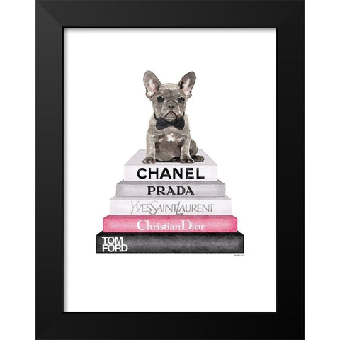 Grey Frenchie Bookstack Black Modern Wood Framed Art Print by Greenwood, Amanda