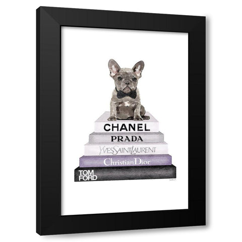 Purple Frenchie Bookstack Black Modern Wood Framed Art Print with Double Matting by Greenwood, Amanda