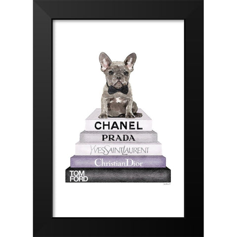 Purple Frenchie Bookstack Black Modern Wood Framed Art Print by Greenwood, Amanda