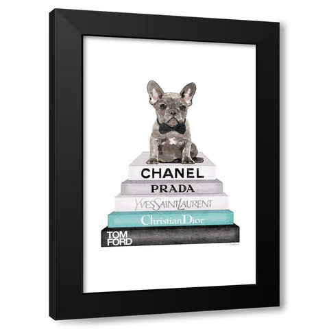 Teal Frenchie Bookstack Black Modern Wood Framed Art Print by Greenwood, Amanda
