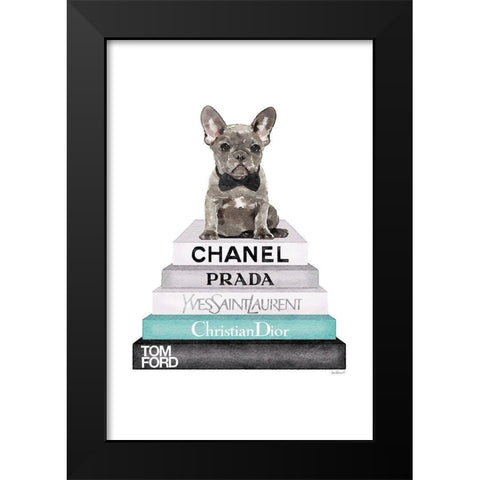 Teal Frenchie Bookstack Black Modern Wood Framed Art Print by Greenwood, Amanda