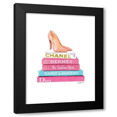 Pink Bookstack with shoes Black Modern Wood Framed Art Print with Double Matting by Greenwood, Amanda