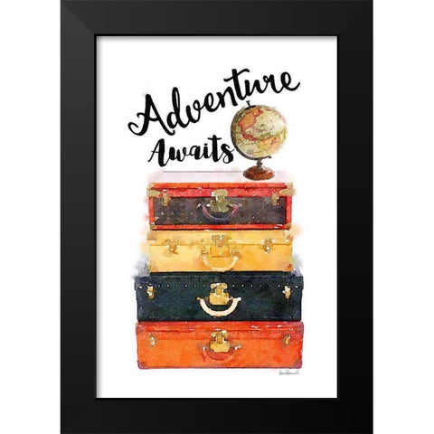 Adventure Awaits Luggage Black Modern Wood Framed Art Print by Greenwood, Amanda