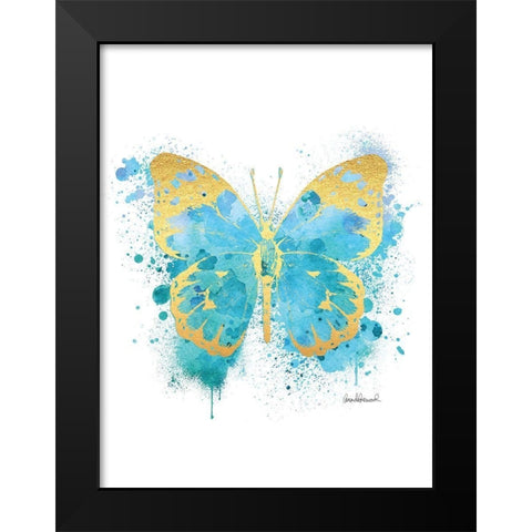 Butterfly Gold and Blue Black Modern Wood Framed Art Print by Greenwood, Amanda