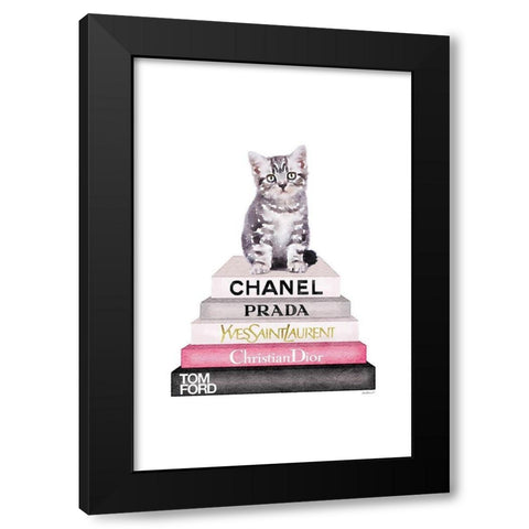 Kitten Bookstack Black Modern Wood Framed Art Print with Double Matting by Greenwood, Amanda
