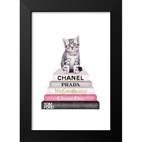 Kitten Bookstack Black Modern Wood Framed Art Print by Greenwood, Amanda