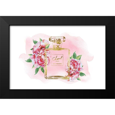 Gold Bottle with Peonies Pink Black Modern Wood Framed Art Print by Greenwood, Amanda