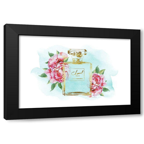 Gold Bottle with Peonies Teal Black Modern Wood Framed Art Print with Double Matting by Greenwood, Amanda