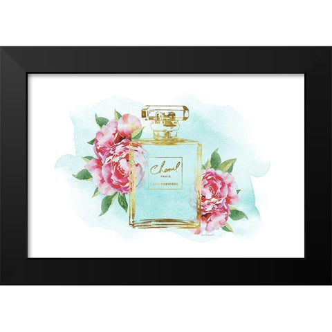 Gold Bottle with Peonies Teal Black Modern Wood Framed Art Print by Greenwood, Amanda