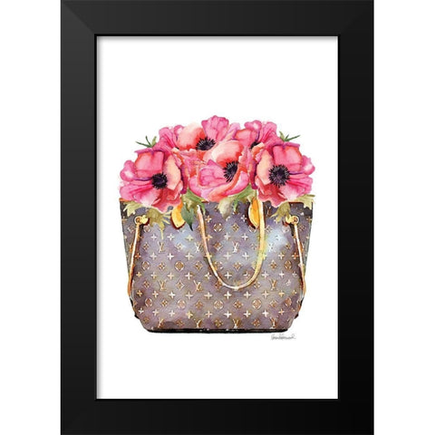 Fashion Bag with Peonies Black Modern Wood Framed Art Print by Amanda Greenwood