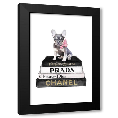 Black Frenchie Bookstack Black Modern Wood Framed Art Print with Double Matting by Amanda Greenwood