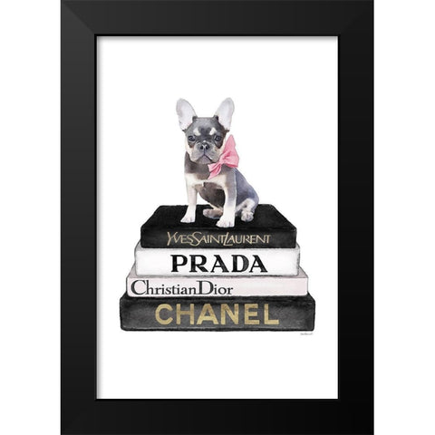 Black Frenchie Bookstack Black Modern Wood Framed Art Print by Amanda Greenwood