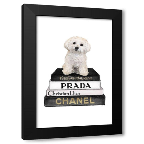 Bichon Frise Bookstack Black Modern Wood Framed Art Print with Double Matting by Amanda Greenwood