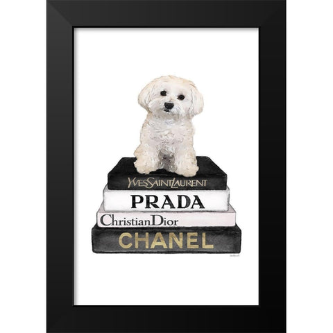 Bichon Frise Bookstack Black Modern Wood Framed Art Print by Amanda Greenwood