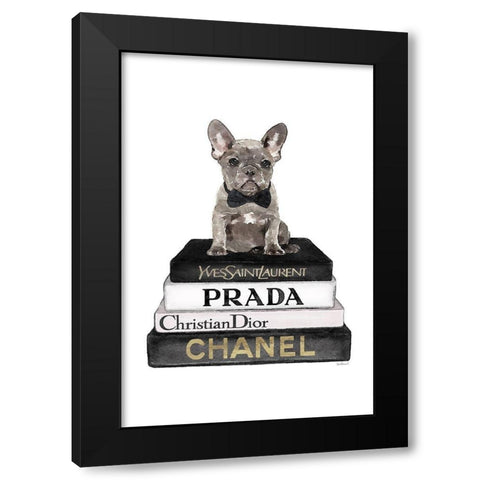 Black Frenchie Bookstack II Black Modern Wood Framed Art Print by Amanda Greenwood