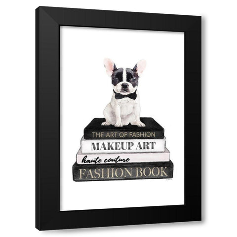 BandW Frenchie Bookstack Black Modern Wood Framed Art Print by Amanda Greenwood