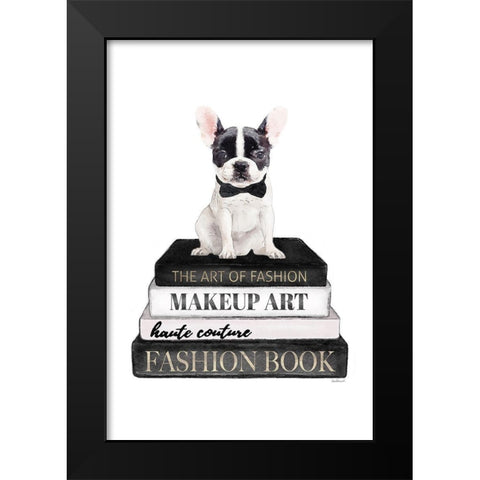 BandW Frenchie Bookstack Black Modern Wood Framed Art Print by Amanda Greenwood