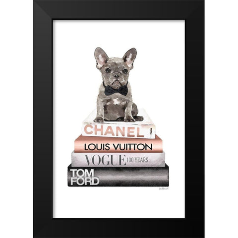 Rose Gold Frenchie Bookstack Black Modern Wood Framed Art Print by Amanda Greenwood