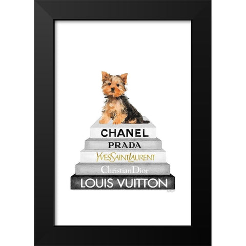 Yorkie Bookstack IIII Black Modern Wood Framed Art Print by Amanda Greenwood