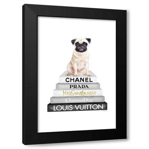 Pug Bookstack Black Modern Wood Framed Art Print by Amanda Greenwood