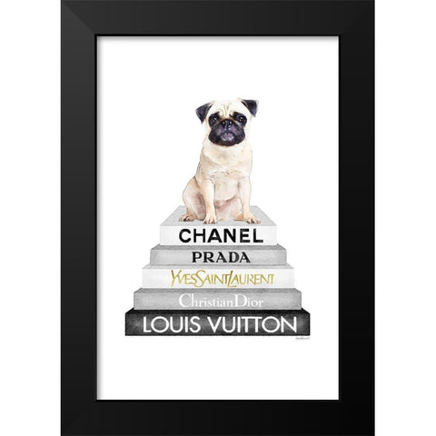 Pug Bookstack Black Modern Wood Framed Art Print by Amanda Greenwood