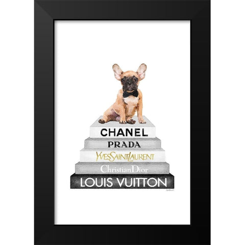 Fawn Frenchie Bookstack Black Modern Wood Framed Art Print by Amanda Greenwood