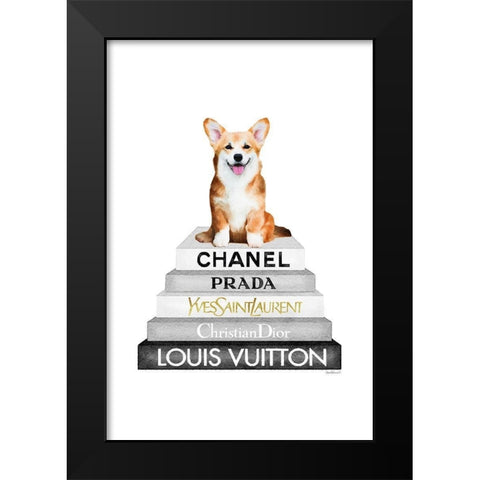 Corgi Bookstack Black Modern Wood Framed Art Print by Amanda Greenwood