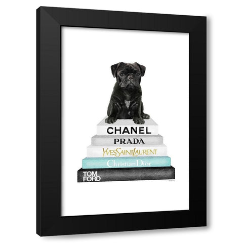 Bookstack Teal Pug Black Modern Wood Framed Art Print by Amanda Greenwood