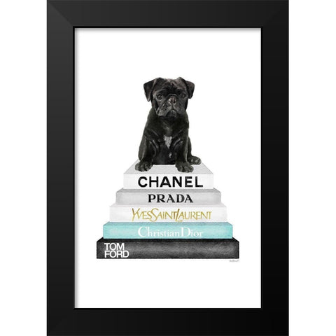 Bookstack Teal Pug Black Modern Wood Framed Art Print by Amanda Greenwood