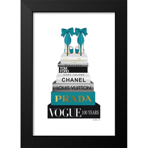 Bookstack Teal Black Modern Wood Framed Art Print by Amanda Greenwood