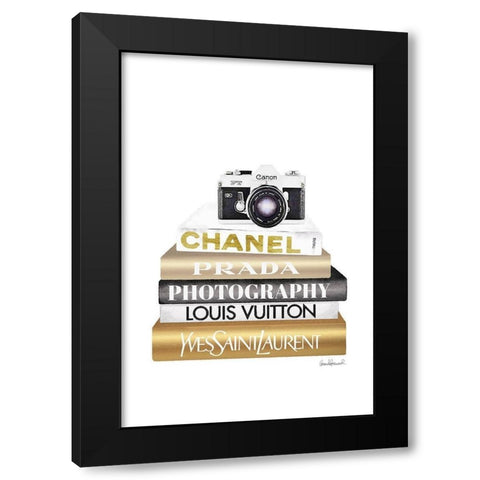 Camera Bookstack Black Modern Wood Framed Art Print by Amanda Greenwood
