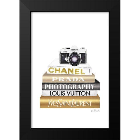 Camera Bookstack Black Modern Wood Framed Art Print by Amanda Greenwood
