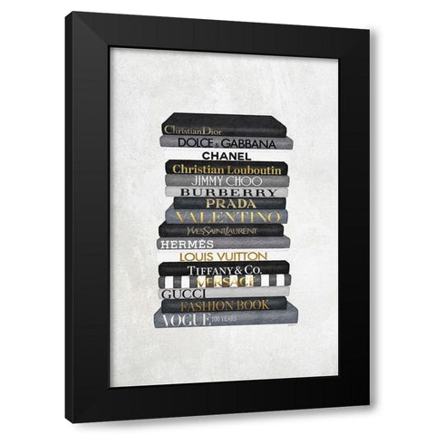 Black and White Bookstack Black Modern Wood Framed Art Print by Amanda Greenwood