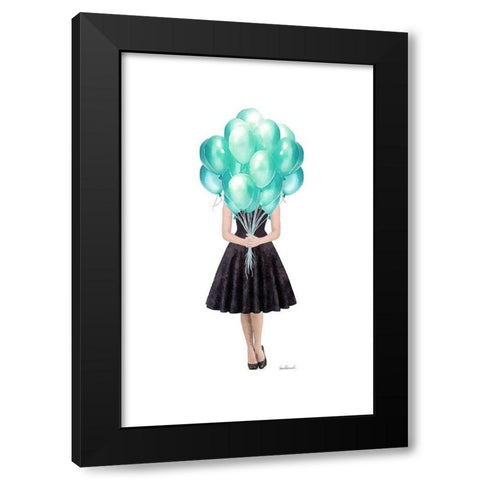 Teal Balloon Girl Black Modern Wood Framed Art Print by Amanda Greenwood