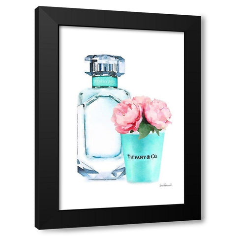 Teal Bottle with roses Black Modern Wood Framed Art Print with Double Matting by Greenwood, Amanda