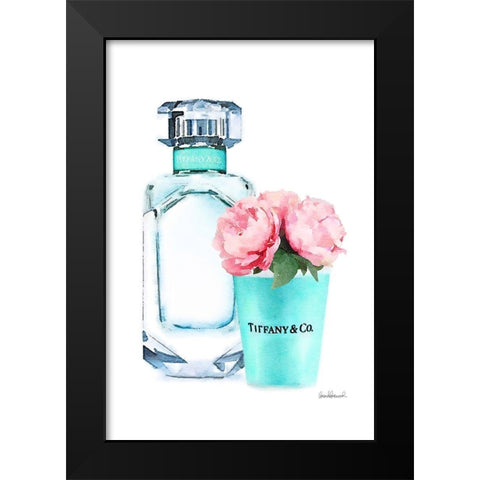 Teal Bottle with roses Black Modern Wood Framed Art Print by Greenwood, Amanda