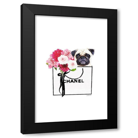 Pug and Shopping  Black Modern Wood Framed Art Print by Greenwood, Amanda