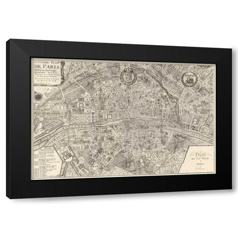 Plan de la Ville de Paris 1715 Black Modern Wood Framed Art Print with Double Matting by De Fer, Nicolas