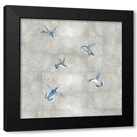 Hummingbirds Blue on Silver II Black Modern Wood Framed Art Print by Blake, Madeline