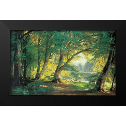 Deer in a Forest Black Modern Wood Framed Art Print by Aagaard, Carl Frederic