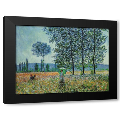 Felder im Fruhling Black Modern Wood Framed Art Print by Monet, Claude
