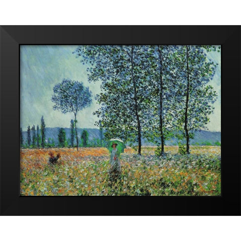 Felder im Fruhling Black Modern Wood Framed Art Print by Monet, Claude
