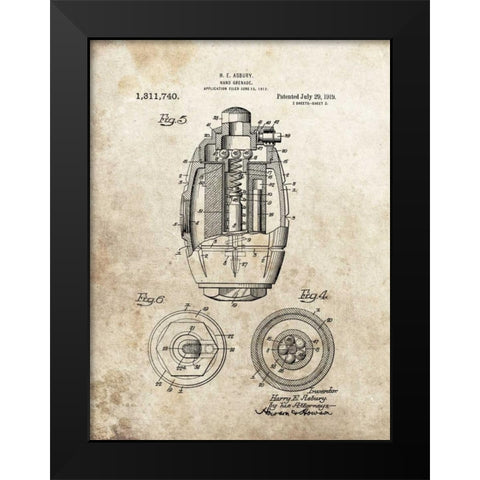 Hand Grenade - 1919 Black Modern Wood Framed Art Print by Sproul, Dan