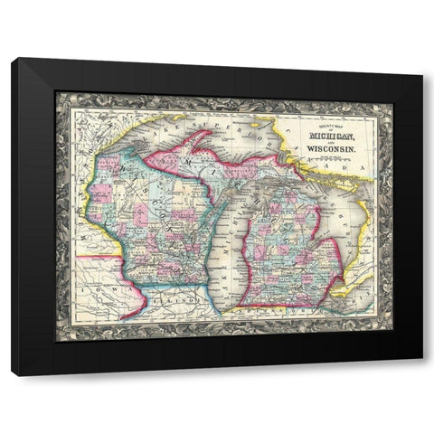 County map of Michigan and Wis Black Modern Wood Framed Art Print by Sproul, Dan