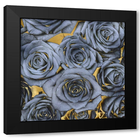 Roses - Blue on Gold Black Modern Wood Framed Art Print by Bennett, Kate